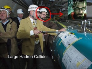 Dr. Gordon Freeman In the background... isn't that Dr. Gordon Freeman of the disastrous Black Mesa project?