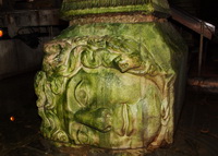 Head of Medusa at the bottom of a column in the Basilica Cistern, beneath Istanbul